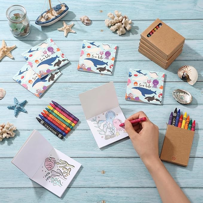 270 Pcs Under the Sea Mini Coloring Books Bulk with 30 Pcs 8 Colors Crayons Ocean Animals Coloring Book DIY Art Drawing Book Set for Kids Activities Party Favors DIY Craft