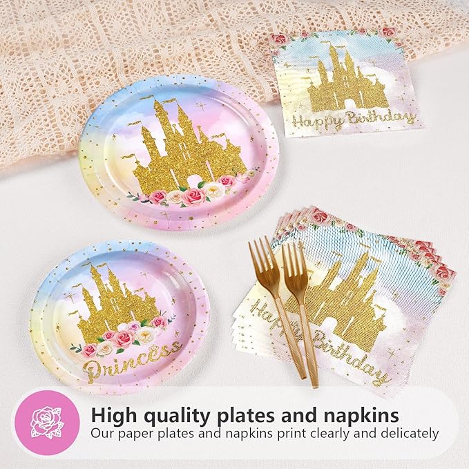Grencian 96Pcs Princess Birthday Party Supplies Princess Birthday Plates and Napkins Tableware Sets Watercolor Pastel Rainbow Castle Decorations for Girls Baby Shower Fairytale Party Favors Serves 24