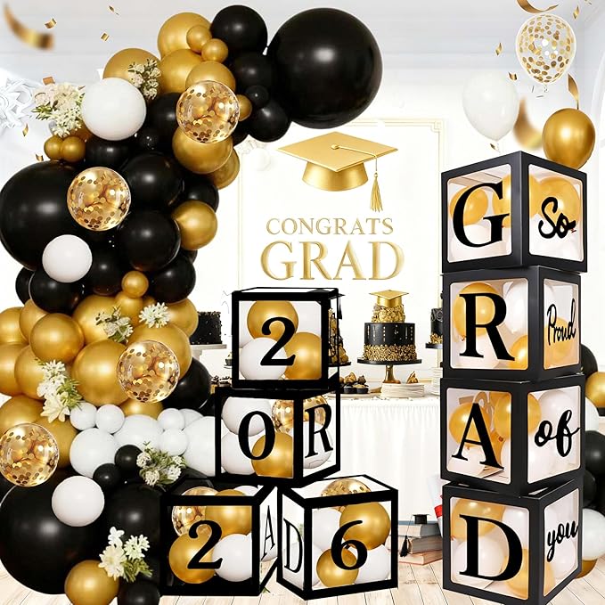 Graduation Decorations Class of 2026 Black and Gold - 4 Balloon Boxes with Letters 2026 GRAD So Proud of You, 100pcs Balloon Arch Garland Kit, High School College Grad Party Supplies Photo Prop