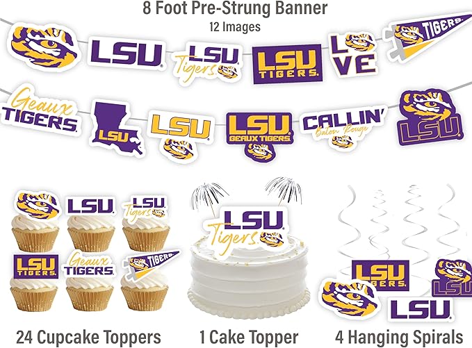 LSU Party Supplies for Football, Birthday Gift, Graduation Party Banner and Cake Toppers (42 Pieces) (LSU Tigers)