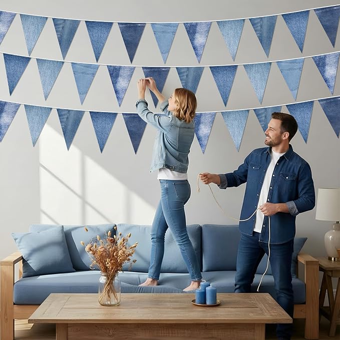 HESTYA 5 Pack 49 Ft Denim Pennant Banner, Blue Jean Theme Triangle Garland, Cowboy Western Party Decorations, Rustic Farmhouse Bunting for Baby Shower, Birthday, Graduation, Country Festival Supplies