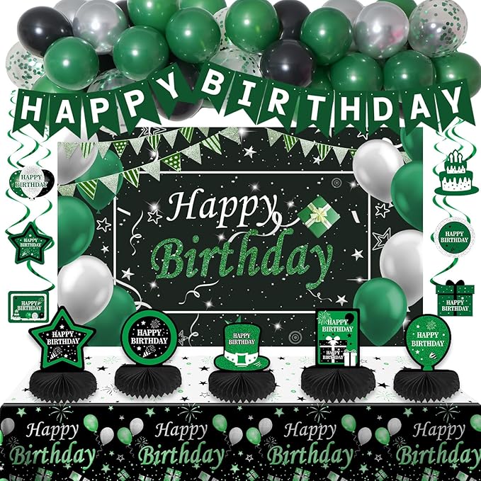 Green and Black Birthday Decorations, Green Party Decorations for Men Boys Women Girls with Balloons Arch Garland Kit Happy Birthday Banner Tablecloth Backdrop Decorations Bady Party Supplies