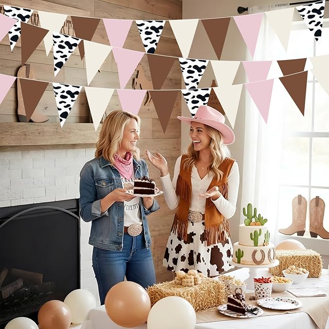 Pasimy 5 Pcs Cowgirl Party Decorations Western Cowgirl Triangle Flag Banner Pennant Pink Brown Cow Print Hanging Flag Banner for Girl First Birthday Farm Baby Shower Party Decorations