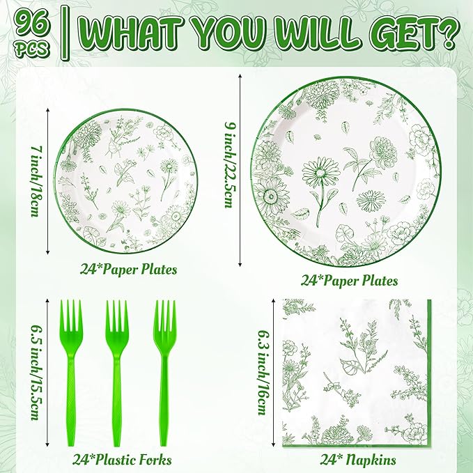 96Pcs Sage Green Floral Party Plates Supplies Green White Flower Wildflower Tableware Decorations Disposable Paper Plates Napkins Forks for Birthday Spring Summer Party Wedding, Serves 24