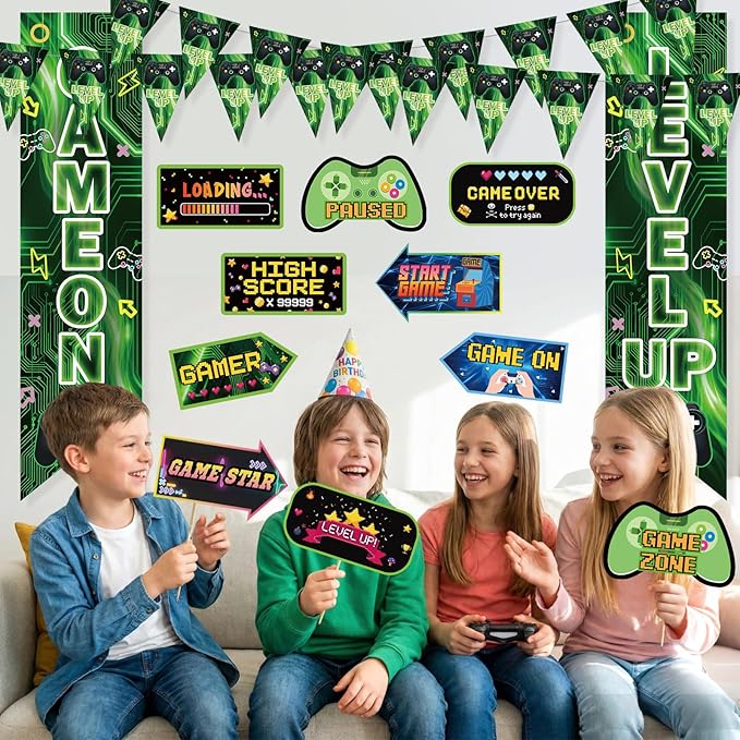 Video Game Birthday Party Decorations Level Up Triangle Flag Banner Photo Booth Props Gamer Birthday Party Supplies with Game Controller High Score Loading Paused Porch Yard Signs for Boys Kids Gaming Theme Party