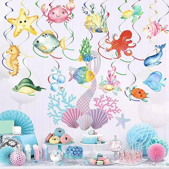 36Pcs Tropical Fish Hanging Swirl Under The Sea Party Birthday Decor Sea Animals Ocean Themed Fish Birthday Party Swirls Streamers Supplies for Boys Girls Mermaid Creatures Baby Shower Decorations