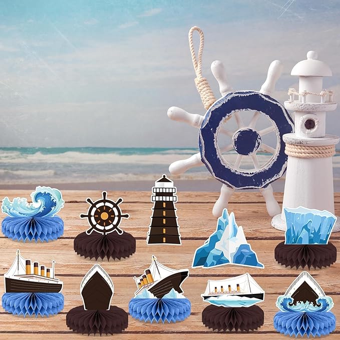 12Pcs Nautical Party Supplies Cruise Ship Birthday Honeycomb Centerpieces for Ocean Party Decorations Ship Theme Table Honeycomb for Ocean Cruise Liner Nautical Winter Birthday Party Favors