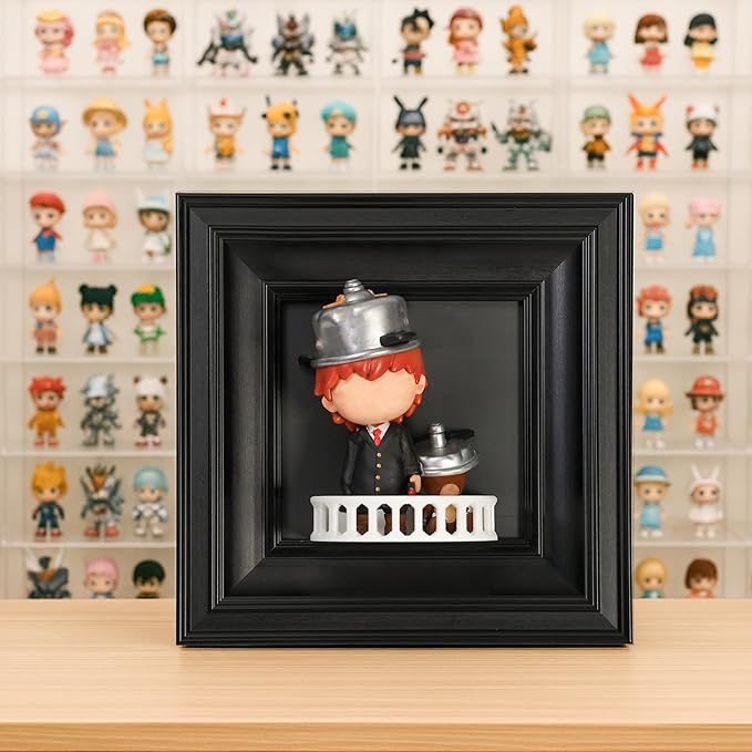 Display Frame with Balcony for Mini Figures, 6.7×6.7in Black Collection case, Wall Mount & Desktop Compatible, Fits Blind Box Toys & Action Collectibles