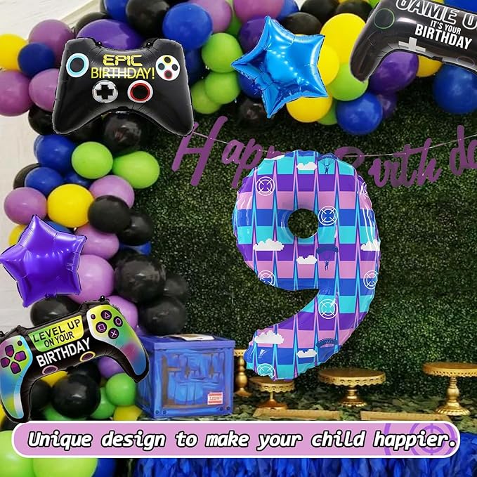 Video Game Theme Birthday Party Number Balloons Piñata Gaming Party Decor Balloons Large Number Balloons for Kids Battle Boys Birthday Party Decoration Supplies(Number 9 Set)