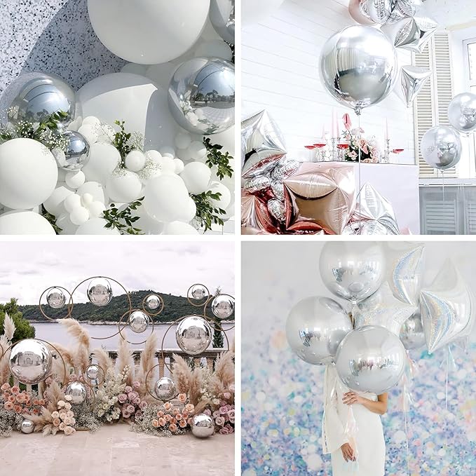 PartyWoo Metallic Silver Foil Balloons 6pcs 22 Inch Large Round Foil Big Giant 4D Jumbo Inflatable Mirror Ball Mylar Balloons for Graduation Birthday Engagement Space Themed Party Decorations