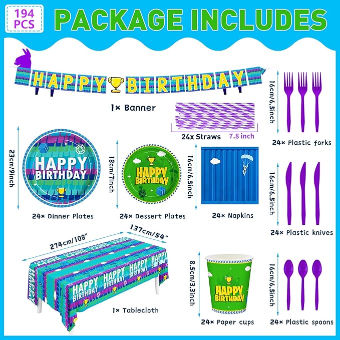 194pcs Video Game Birthday Party Decorations Party Plates Napkins Disposable Paper Cups Straws Banner Tablecloth Video Game Party Supplies Tableware Set for Kids Boys Birthday Decor 24 Guests