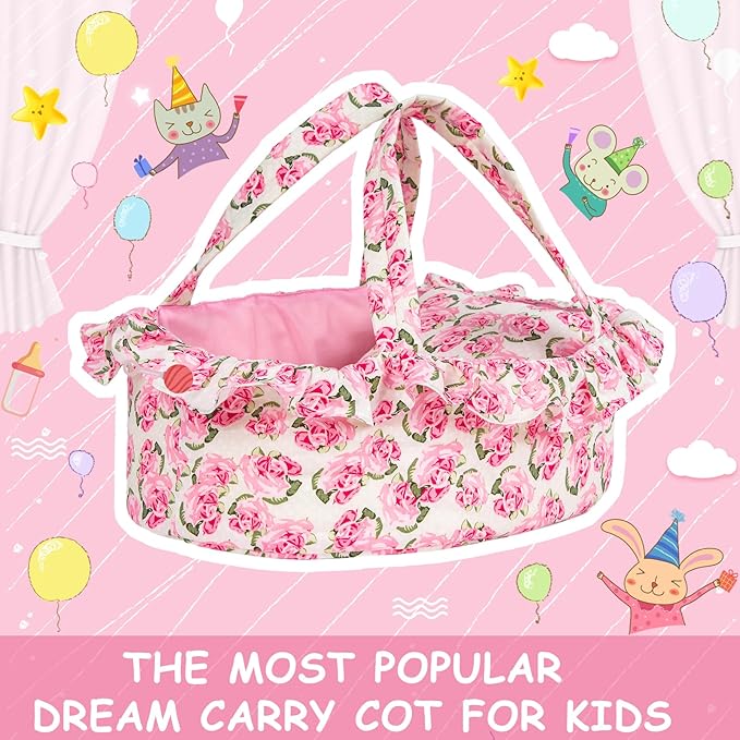 Doll Carry Cot Set, Soft 3PC Set Includes Cot, Mattress and Pillow, Pink Flower Doll Bassinet, Fits for 10-12 Inch American Girl Dolls
