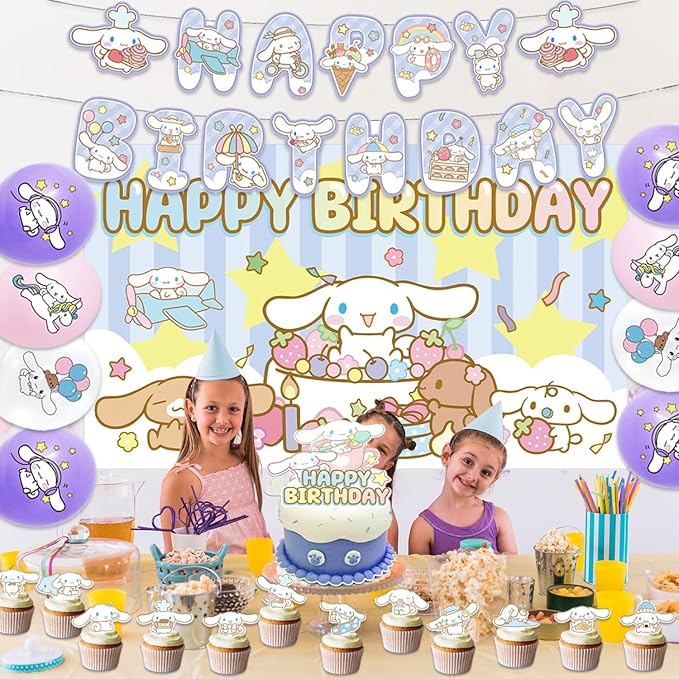42pcs Cinna-morolls Birthday Party Supplies Pack Includes，Banner，Cake Topper，Blackdrop,Balloons for Cinna-morolls party decoration