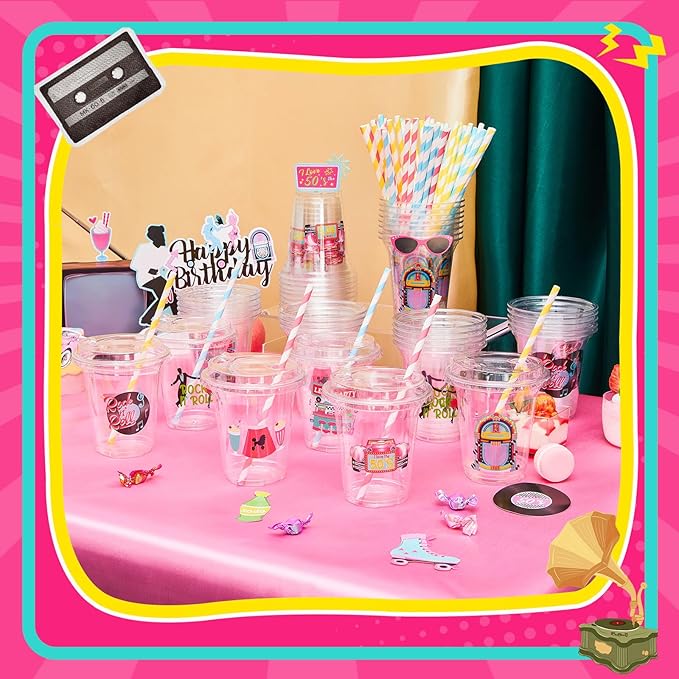 Boao 36 Sets 1950s Party Decorations 50's Rock and Roll Cups with Lids and Paper Straws 14 oz 50s Retro Birthday Plastic Cups 50's Theme Birthday Music Party Supplies