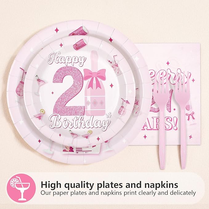 96Pcs Happy 21st Birthday Decorations Young Cheers to 21 Years Plates and Napkins Rip Fake Id Finally 21 Birthday Decoration Favors for Girls 21 Years Old Bday Party Supplies Serves 24