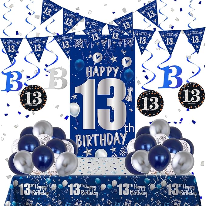 13th Birthday Decorations for Boys Girls, Blue Silver 13th Birthday Decorations Backdrop with Happy 13th Birthday Banner, Number 13 Hanging Swirls, Triangle Flag, 13 Years Old Birthday Party Supplies