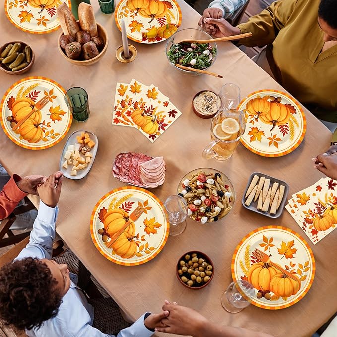 100 Pcs Fall Pumpkin Leaves Tableware Party Supplies Set, Serves 25 – Disposable Autumn Harvest Paper Plates, Napkins, and Forks, Thanksgiving Day Dinnerware for Friendsgiving Gatherings Decorations