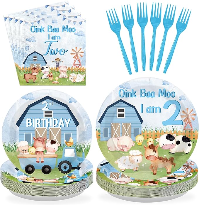 96Pcs Oink Baa Moo Im Two Party Supplies Farm Animal 2nd Birthday Plates and Napkins Farm House Animal Barnyard Theme Tableware Set for Boy Girl 2 Year Old Birthday Party Supplies，Serves 24