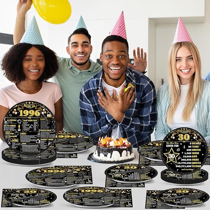 96Pcs 30th Birthday Plates and Napkins Back in 1996 Party Decorations Black Gold 30 Year Old Party Dessert Plates 1996 Birthday Tableware for 24 Guests 30th Theme Men Woman Bday Parties Supplies