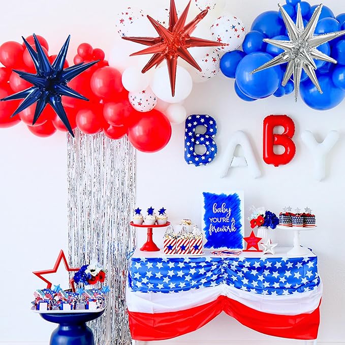 TONIFUL 8 Pcs Navy Blue Silver Red Foil Balloons Large Star Balloons Explosion Star Mylar Balloons for Independence Day Christmas New Year Birthday Wedding Baby Shower Anniversary Photo Booth Supplies