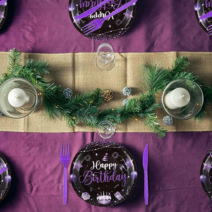 Vesici 350 Pcs Happy Birthday Party Supplies Disposable Party Tableware Set Serves 50 Included Plates Napkins Cups Cutlery for Men Woman 50th 80th Birthday Party Decorations (Black Purple)
