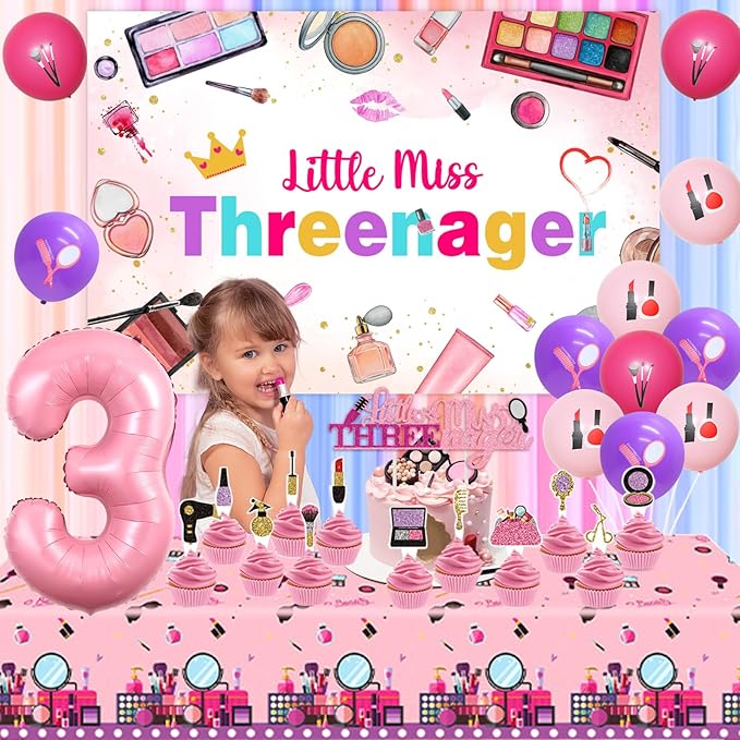 Little Miss Threenager 3rd Birthday Decorations Makeup Party Supplies for Girls 3rd Birthday Little Miss Threenager Banner Backdrop Tablecloth Makeup Cake Toppers for Spa Salon Bday