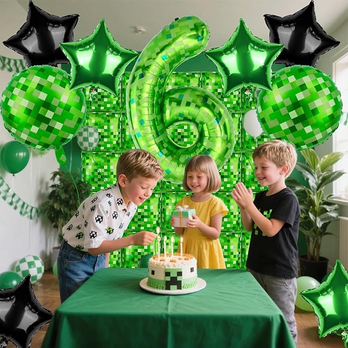 40 Inch Green Pixel Themed Number 6 Balloon Set Foil Balloon for Girls & Boys Birthday Party Decorations, Party Supplies & Favors (Number 6)