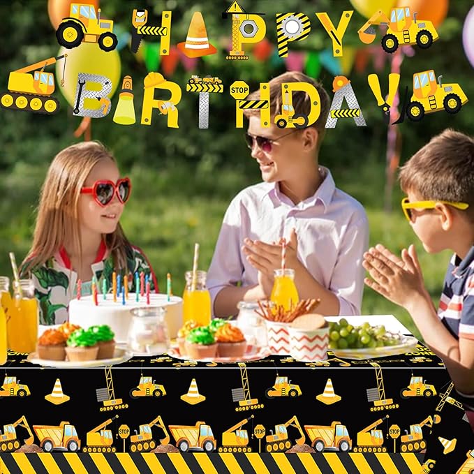 132 Pcs Construction 4th Birthday Party Supplies Dump Truck Theme Four Tableware Includes Hanging Swirl, Banner, Plates, Cups, Tablecloth for Boys Construction Four Years Old Bday Party Decorations