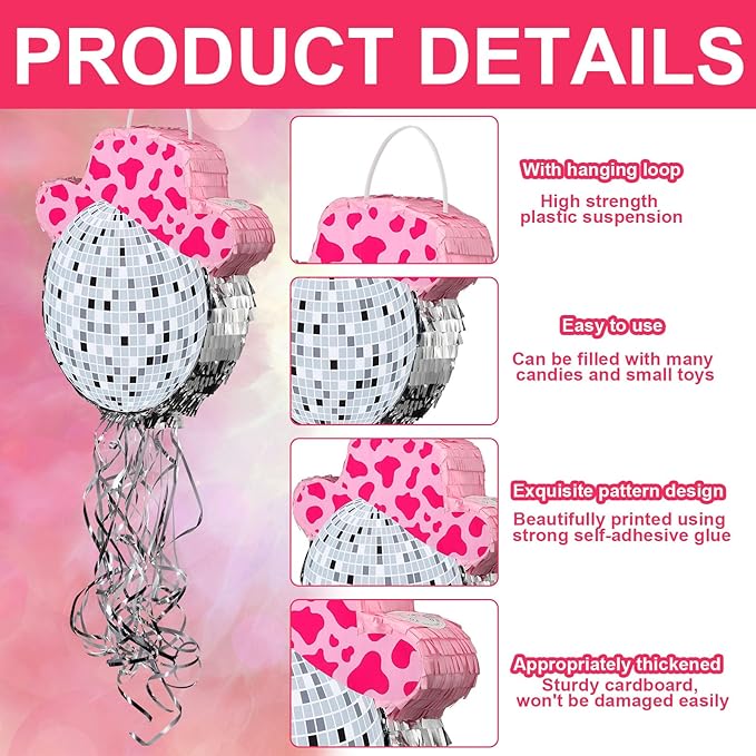 Sratte Disco Ball Piñata Cute Hat Disco Ball Party Supplies Piñata with Blindfold and Bat Theme Decorations for Birthday Fiesta Party Supplies (12.8 x 13.78 Inch)