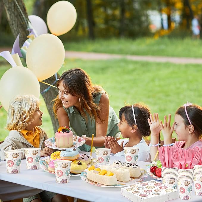 350 Pcs Donut Grow up Party Supplies Tableware Set Disposable 9'' 7'' Paper Plates 9 oz Cups Cutlery Napkins Dinnerware Set for 1st Birthday, Serve 50 (Donut Grow Up, Macron Color)