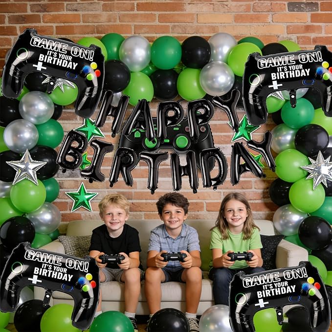 Black Happy Birthday Balloons, 29" Huge Video Game Controller Aluminum Foil Balloon Banner for Boys Birthday Gaming Party Decorations Supplies