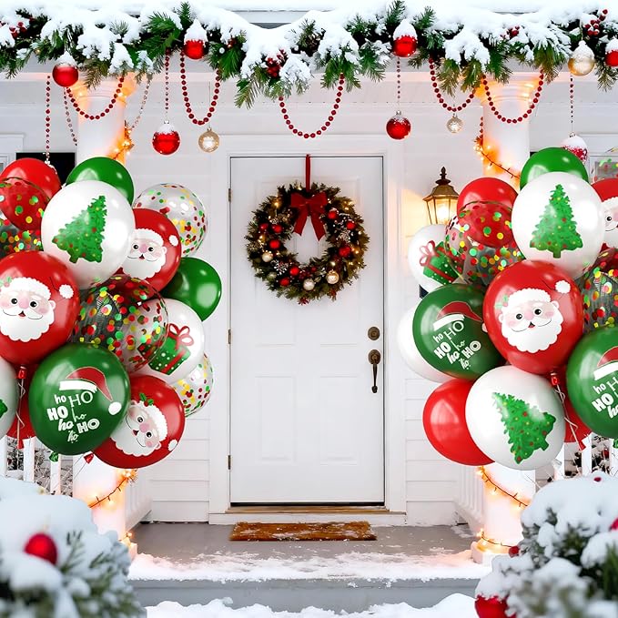 Merry Christmas Party Balloons,12 Inch Xmas Style Red Green White Print Balloons for Christmas Theme Party Supplies