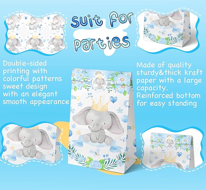 24 PCS Elephant Party Favor Bags with Stickers - Elephant Party Candy Bags – Elephant Goodie Gift Treat Bags Elephant Themed Birthday Party Supplies