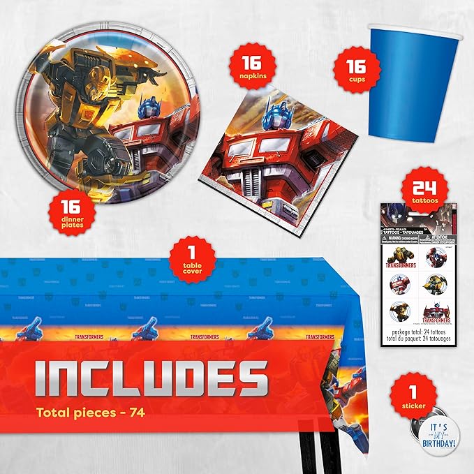 Transformers Birthday Party Supplies - Serves 16 | Transformer Tablecover, Plates, Napkins, Cups, Tattoo Party Favors, Buttons