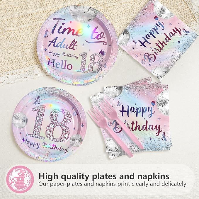 96Pcs 18th Birthday Party Decorations for Girls Time to Adult Plates and Napkins Iridescence Silver Pink 18th Tableware for Girls Time to Adult Eighteen Birthday Party Decorations Serve 24