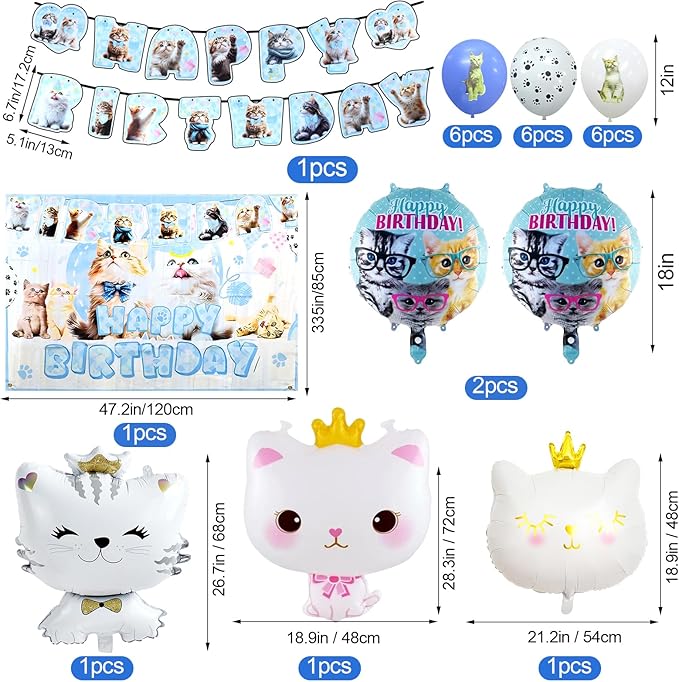 141Pcs Cat Birthday Decorations, Cat Birthday Party Supplies, Cat Birthday Party Decorations Include Plates Cups Napkins Tablecloth Balloons Cake Toppers for Kids Party