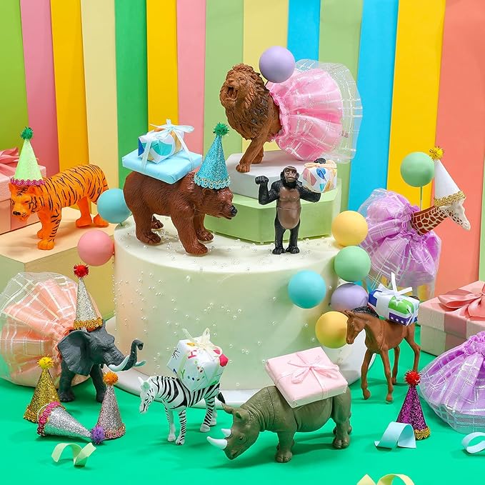 Weysat 41 Pcs Jungle Animals Cake Topper Figures Birthday Party Decorations with Mini Hat and Skirt, Colorful Balls, Jungle Toppers Decoration with Gift Boxes for Wild Animals Themed Party(Forest)