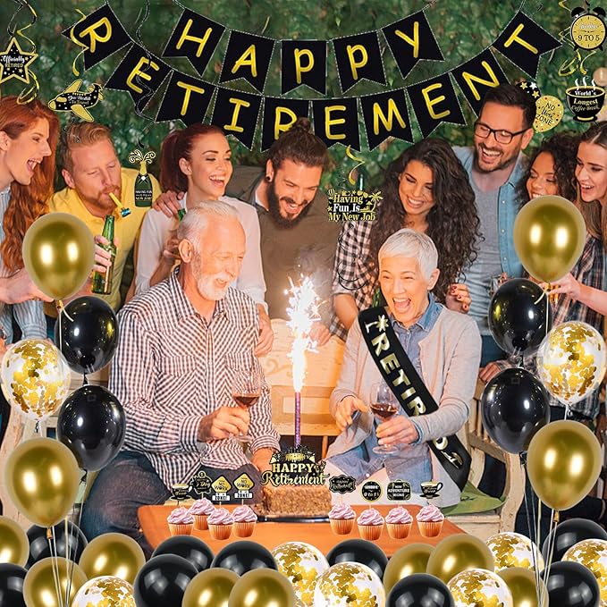 Retirement Party Decorations for Men Women, 92Pcs Black Gold Happy Retirement Decorations Include Balloons Retired Sash Banner Cake Toppers Hanging Swirls Paper Pompom Retired Party Supplies