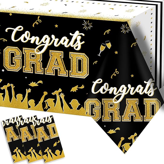 chiazllta Set of 3 Graduation Tablecloths Class of 2025 Congrats Grad Black Graduation Party Tablecover Decorations Party Supplies Large Size Plastic 54"x108"(Black & Gold)