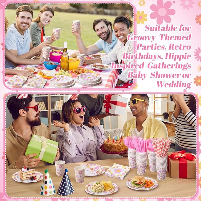 450 Pcs Daisy Groovy Tableware Set Decorations Boho Daisy Flower Paper Plates Napkins Cups Cutlery Straws for Boho Hippie Retro Birthday Baby Bridal Shower Wedding Tea Party, Serves 50