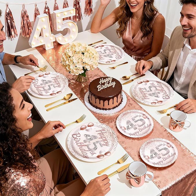 96Pcs 45th Birthday Party Decorations for Women Rose Gold 45th Birthday Paper Plates and Napkins Sets Pink Gold 45 Theme Decorations for Women Cheers to 45 Years Old Fabulous Party Supplies Serves 24