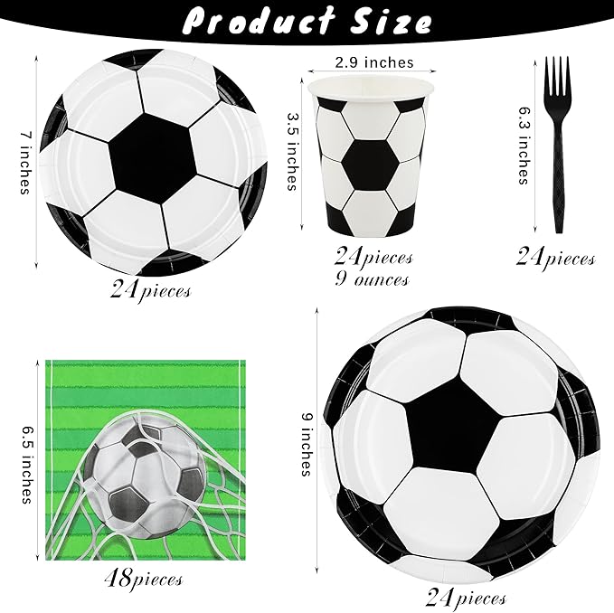 durony 144 Pieces Soccer Paper Plates and Napkins Dinnerware Set Soccer Birthday Party Tableware Supplies Includes Paper Plates Napkins Forks Serve 24 for Sports Party Supplies