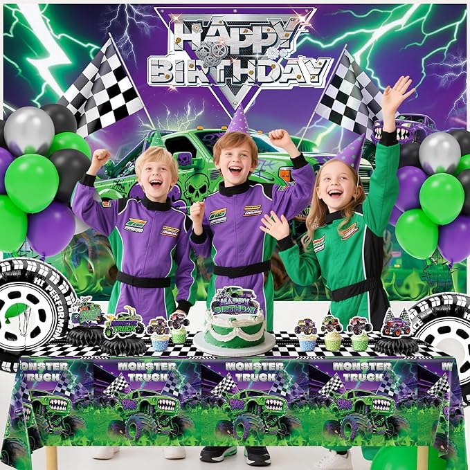99 Pcs Monster Truck Birthday Party Decorations Set with Purple and Green Black Balloon Garland Arch Kit with Star & Wheels Checkered Balloons, Backdrop, Tablecloth, Grave Digger Party Supplies