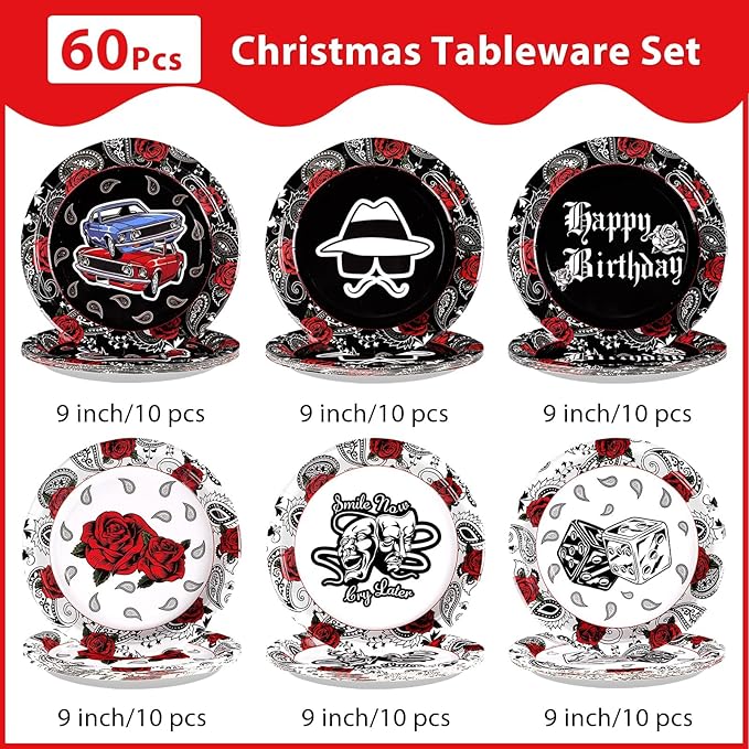 Grencian 60Pcs Cholo Birthday Party Decorations 9" Early 2000s Birthday Supplies Disposable Heavy Duty Black Bandana Paper Plates Tableware for Halloween Teens Early 2000s Cholo Theme Party Supplies