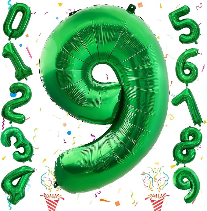 40 Inch Number 9 Balloons for Boys, Dark Green Giant 9th Birthday Party Number Balloon, Emerald Green Self Inflating Foil Balloons for Girls Women Birthday Party Jungle Anniversary Decoration Supplies
