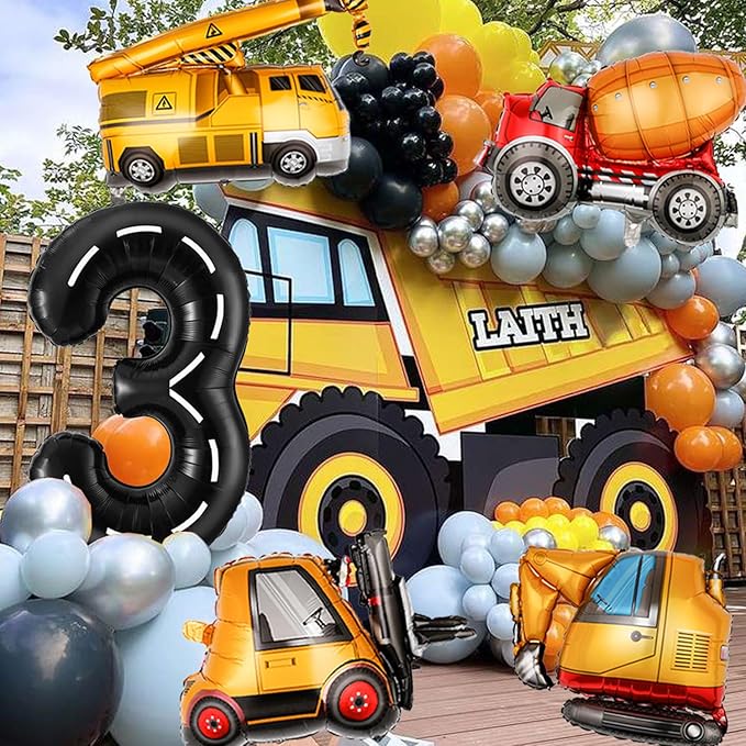 Construction Birthday Decorations 3 Year Old, Large Construction Balloons 40Inch Racetrack Black Number 3 Balloons Construction Truck Foil Balloons for Boys 3rd Construction Birthday Party Supplies