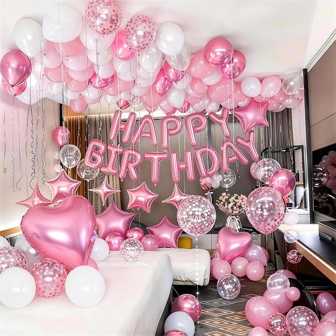 Pink Birthday Decorations for Girls Pastel Light Baby Pink Metallic Whte Confetti Latex Balloon Happy Birthday Banner Heart Foil Balloon 18/10 Inch Star Balloons for Women Bday Party Supplies