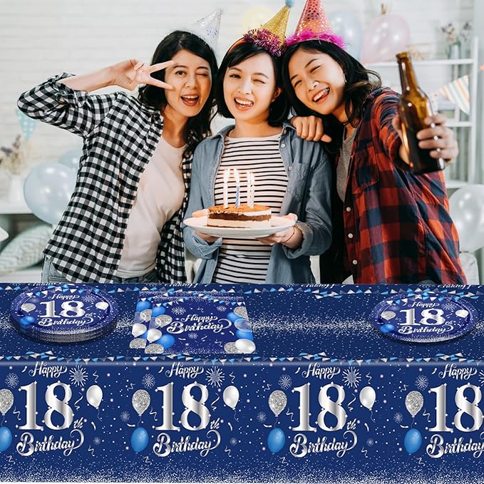 Blue 18th Birthday Decorations for Boys Girls Navy Blue Silver Happy 18th Birthday Napkins Tablecloth Plates for 18th Birthday Anniversary Party Supplies 18 Year Old Party Decorations
