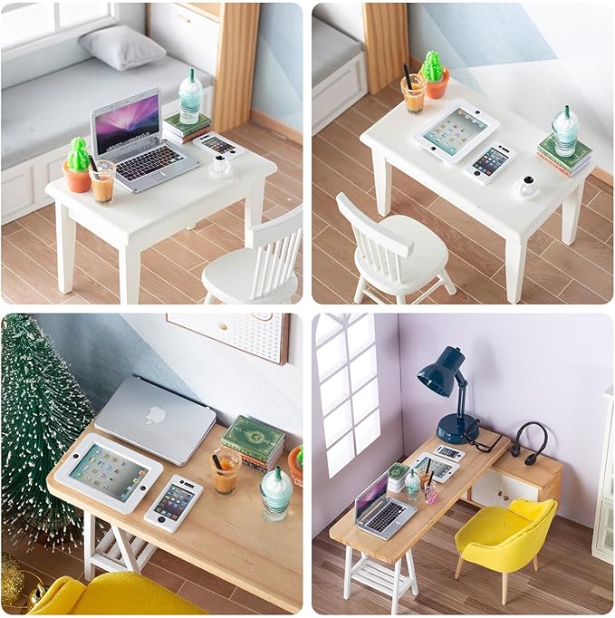 12Pcs Dollhouse Miniature Laptop Computer Tablet Phone Lamp Book Glasses Coffee Headset Simulation Accessories 1/12 1/6 Toy Pad Play Set Fits Barbie Doll Girl Mini Drink Party Office (Bule)