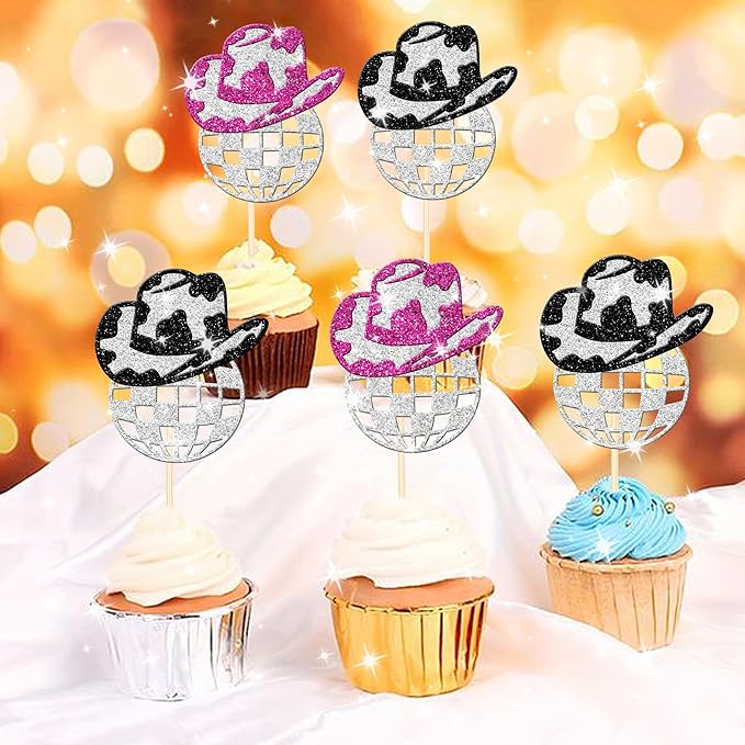 24 PCS Glitter Western Cowboy & Cowgirl Hat Cupcake Toppers - Disco Ball Picks for 70s Disco Music Theme Party Supplies